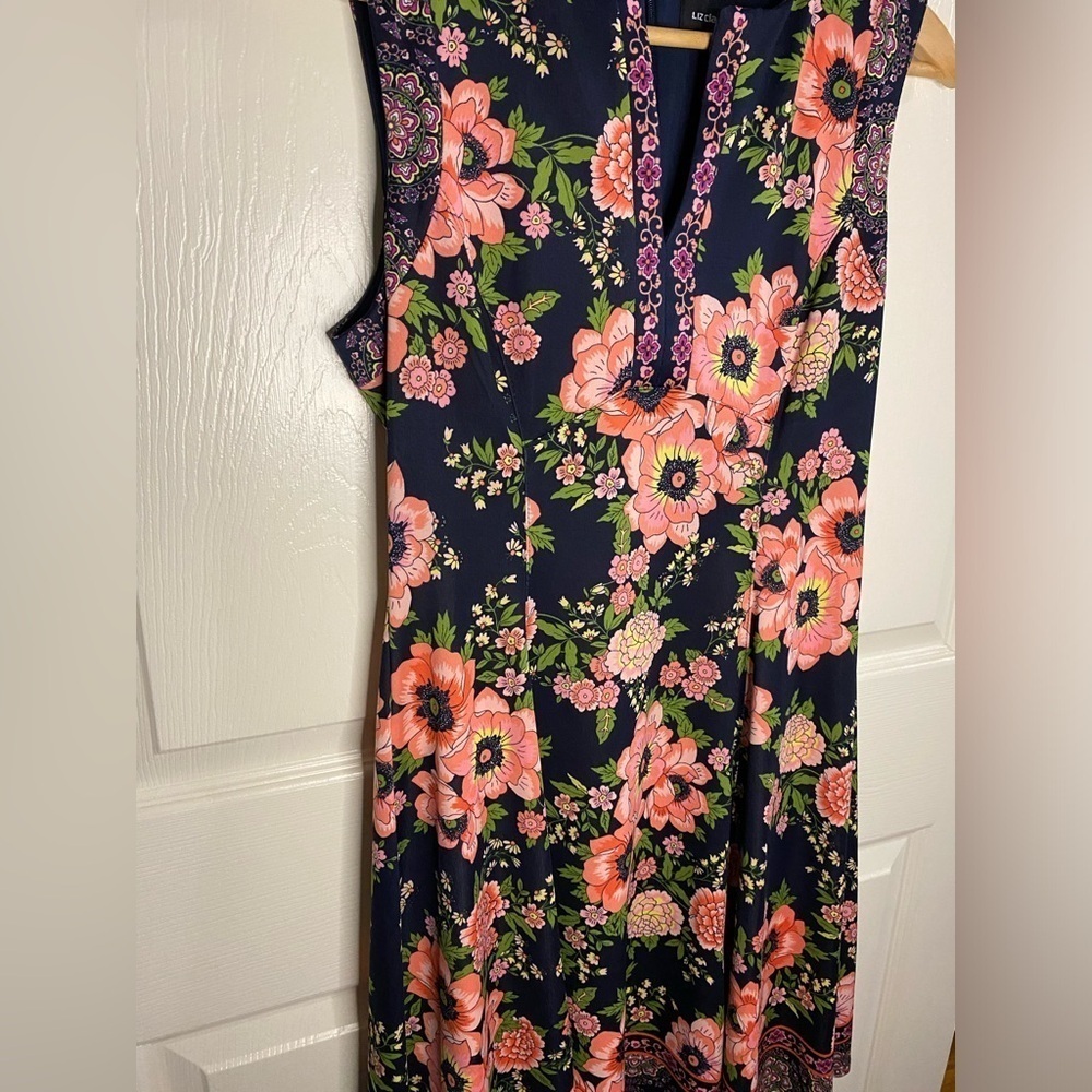 Liz Claiborne Navy Blue and Pink Floral Bohemian Midi Dress, Wedding Guest - Picture 2 of 7